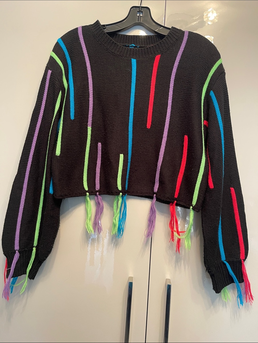 SHEIN Black Cropped Sweater with Neon Stripe Details and Fringe Tassels